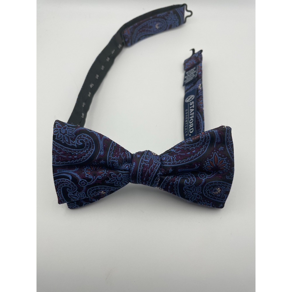 Stafford Essentials Mens Paisley Bow Tie Navy Blue Burgundy Adjustable Pre-Tied